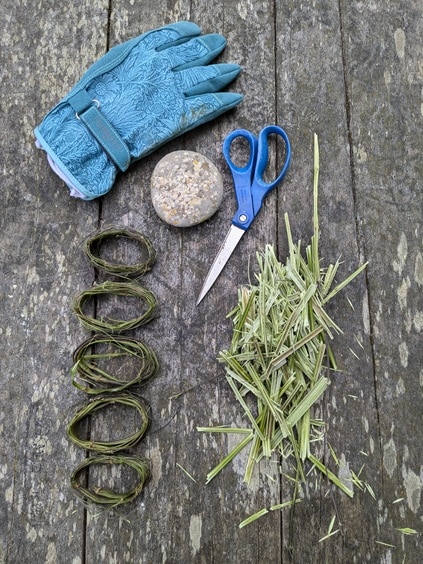 Freshly processed bundles of unscraped nettle fibre alongside my tools and the pith removed from inside the nettle stem